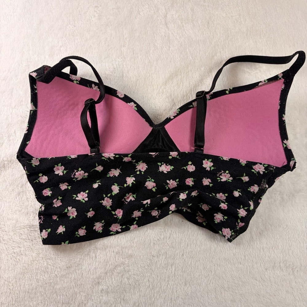 PINK Victoria's Secret Loungin Wireless Push-Up Bra XS Black Floral 32A 32B GUC - Picture 3 of 6